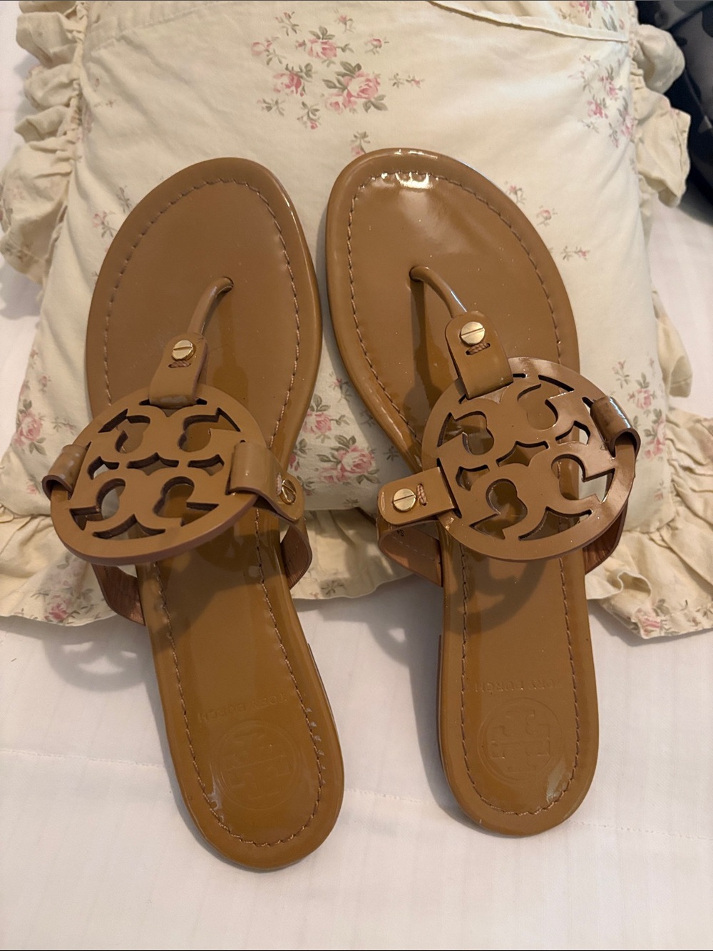 Tory Burch Tan Patent Leather Miller Thong Sandals